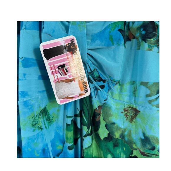 Blue Green Tropical Midi Dress 18/20 Empire Waist Slinky Stretch Sweetheart Neck - Picture 9 of 9